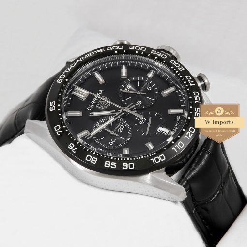 Latest Collection Chronograph Silver Case With Black Dial & Bezel With Leather Strap