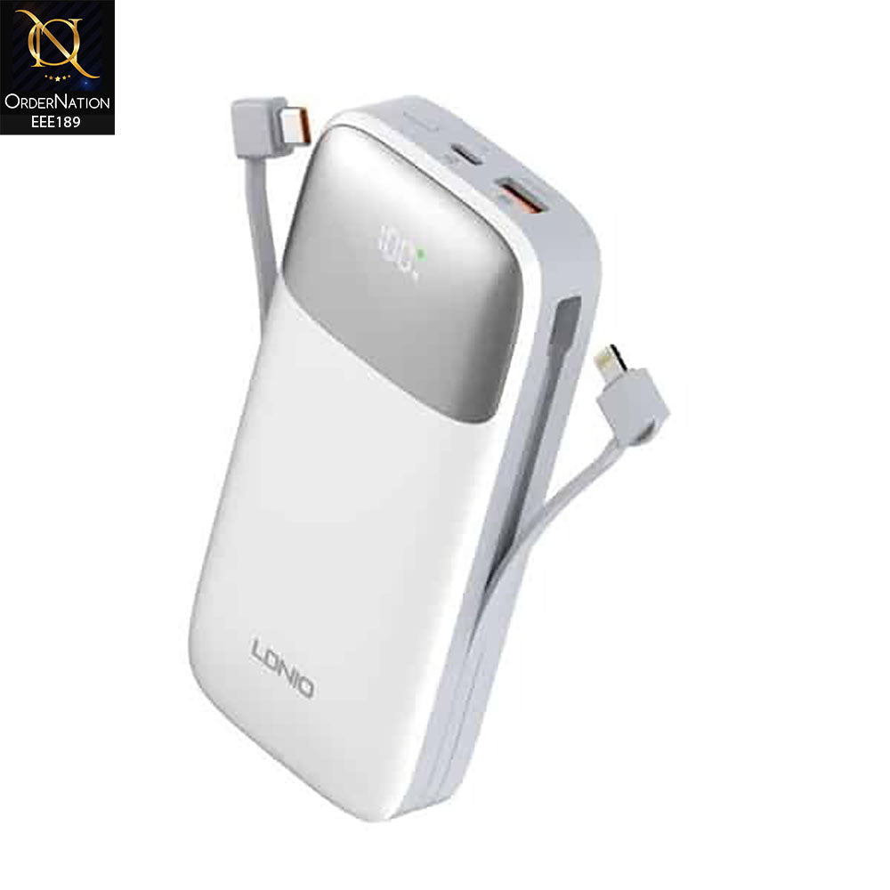 LDNIO PQ19 10000mAH Type-C 22.5W - Lightning Cable 20W PD+QC3.0+SCP Fast Charging Power Bank - White