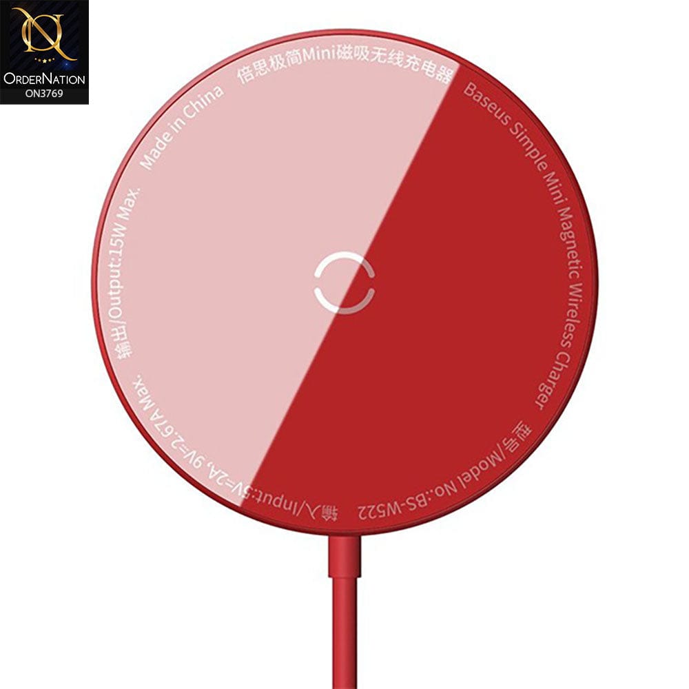 Wireless Charger - Red - Baseus Simple MiniI Magnetic Wireless Charger Suit For IP12 With TYPE-C Cable 1.5M
