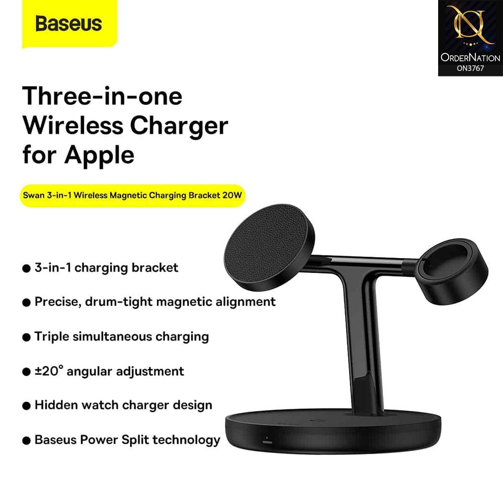 Wireless Charger - Black - Baseus Swan 3-in-1 Wireless Magnetic Charging Bracket 20W Black Universal version (Include: USB For type-C 3A 1m)
