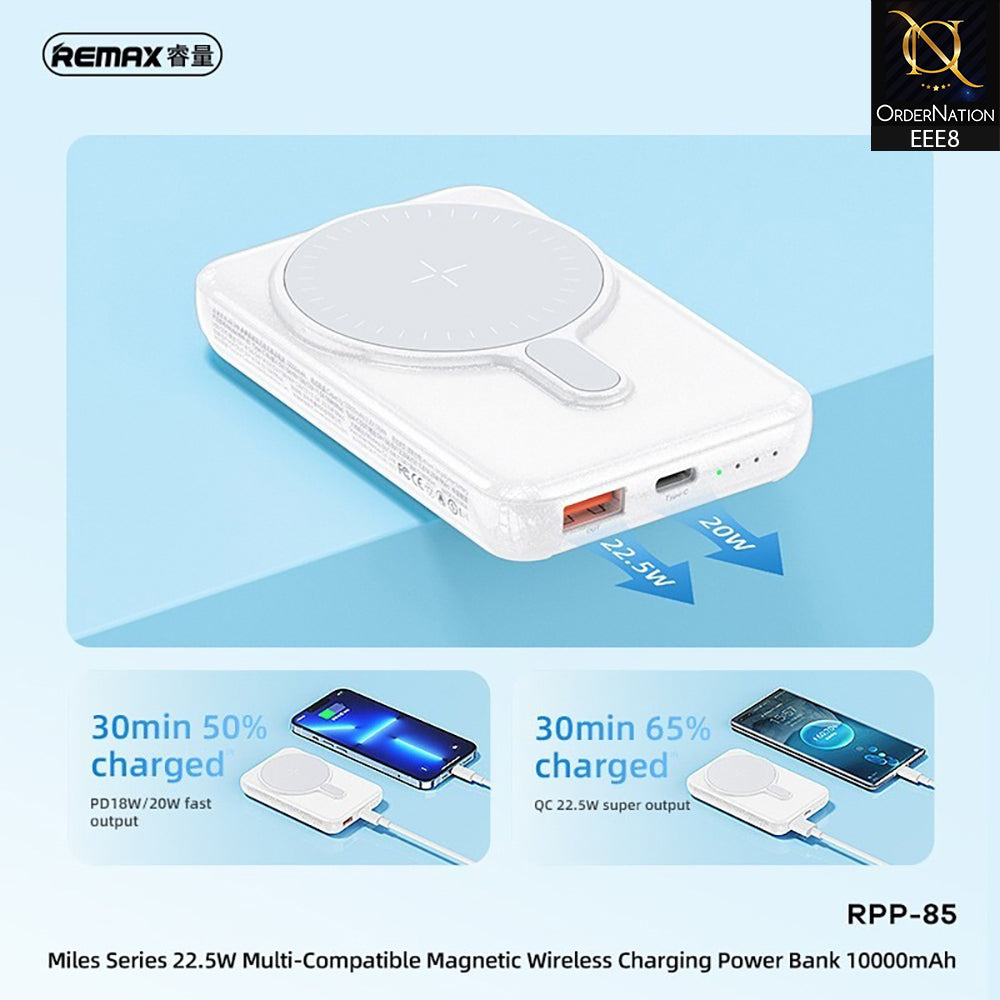 Remax Power Bank Miles Series 22.5W USB + Type-C Multi-Compatible Magnetic Wireless Charging 10000 mAh White MOQ:5 (RPP-85)