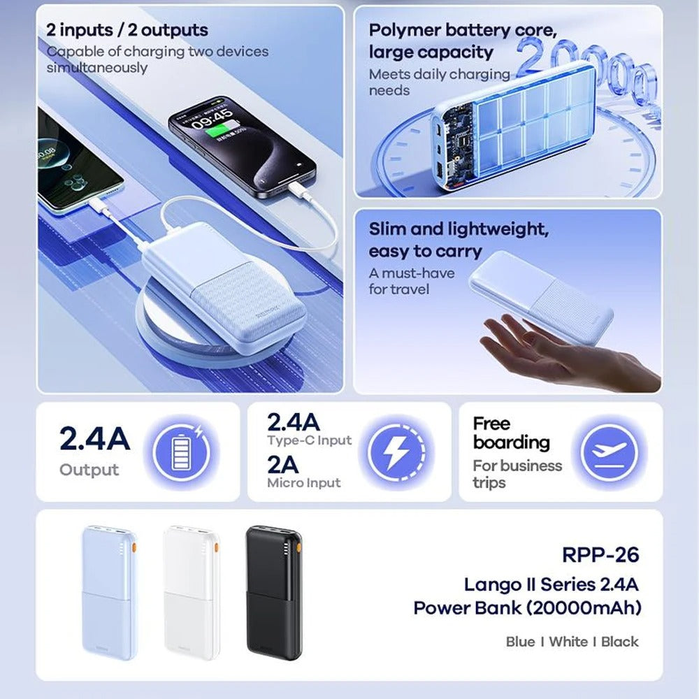 Remax RPP-26 Lango II Series 20000mAh 74Wh 2.4A Fast Charging Power Bank - (White)
