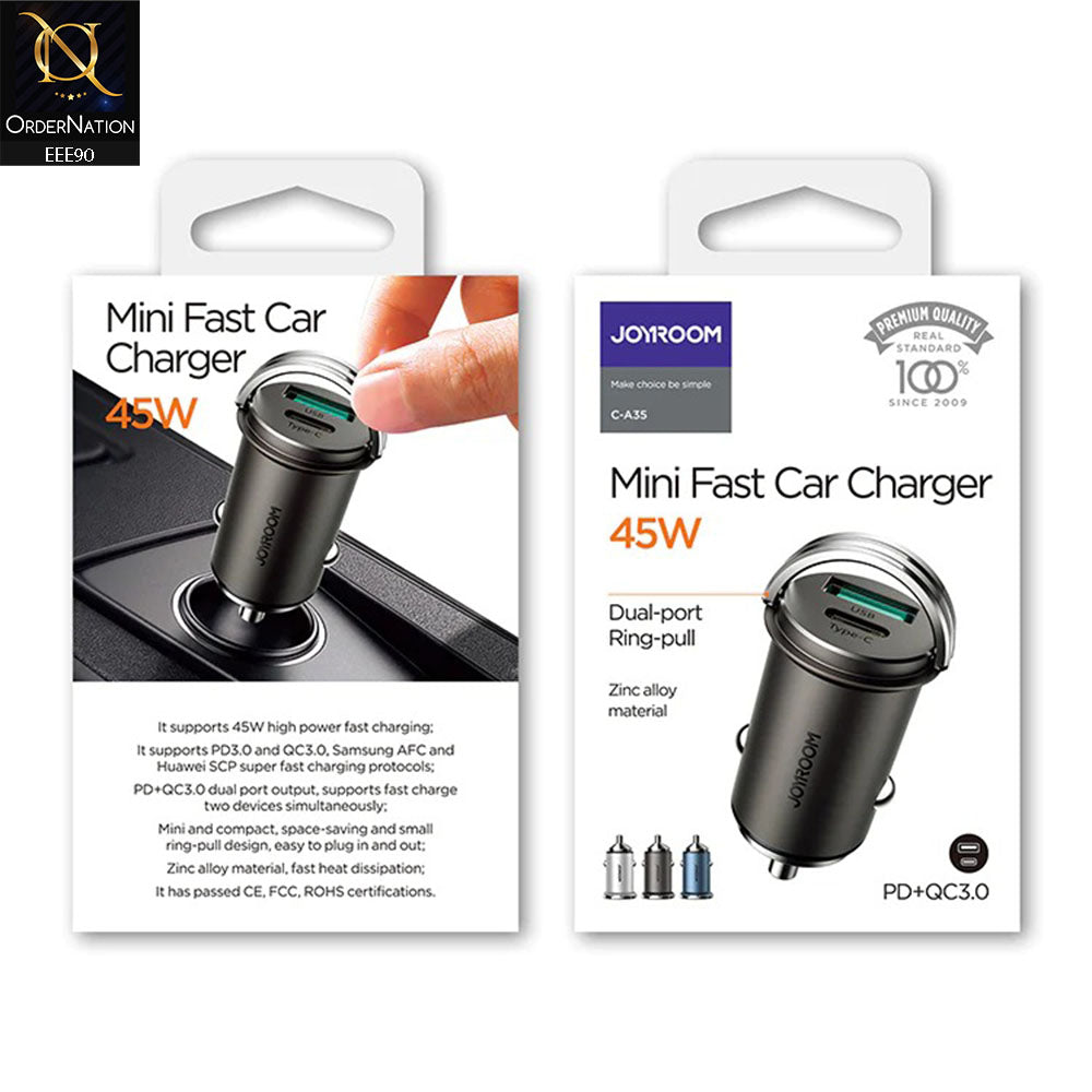JOYROOM C-A35 45W Mini Dual-port PD+QC 3.0 Ring-Pull Fast Car Charger - Black