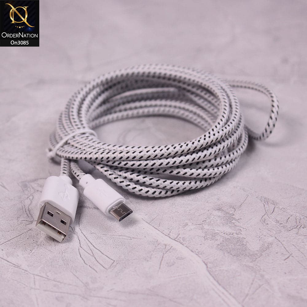 White - 3M - Micro - Premium Quality Braided Wire Micro USB Cable Sync Nylon Woven Charger Cord