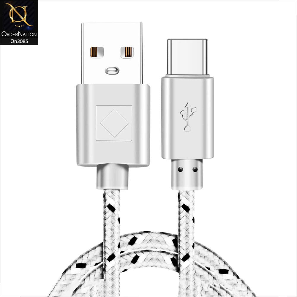 White - 3M - Type-C - Premium Quality Braided Wire Type-C USB Cable Sync Nylon Woven Charger Cord