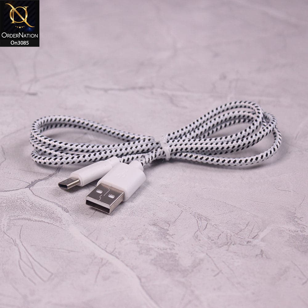 White - 1M - Type-C - Premium Quality Braided Wire Type-C USB Cable Sync Nylon Woven Charger Cord