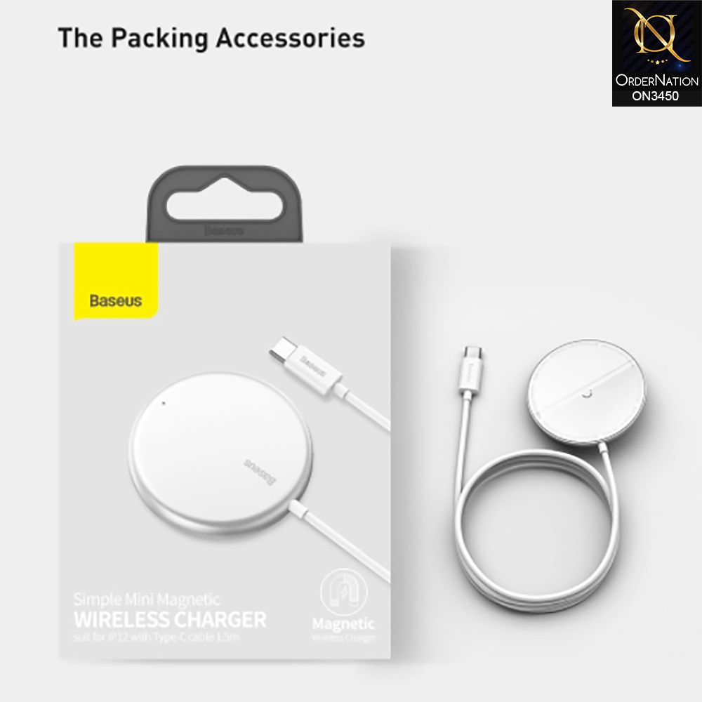 White - Baseus Simple Mini Magnetic Wireless Charger with Type-C Cable 1.5m