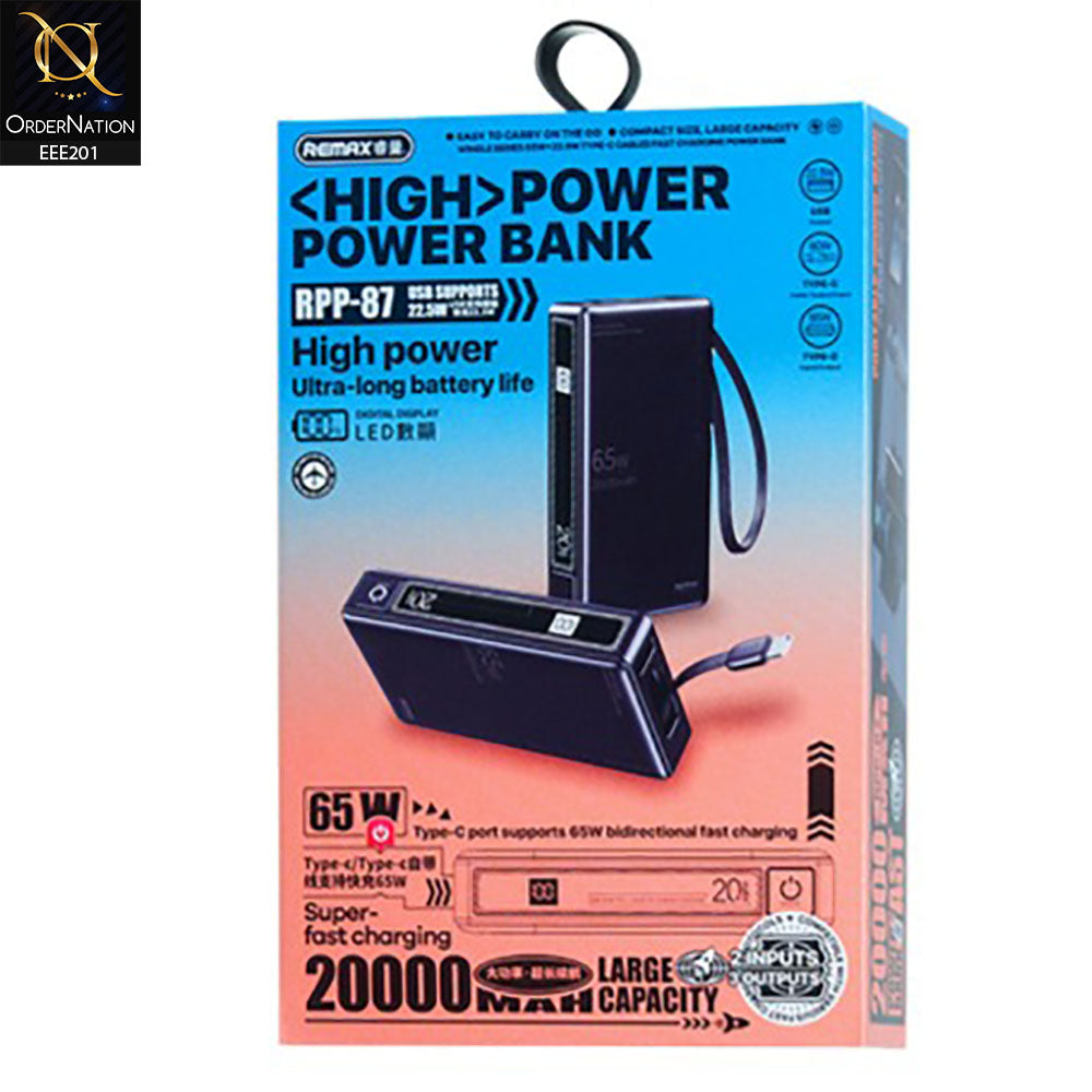 REMAX Wingle Series 65W+22.5W Type-C Cabled Fast Charging and portable handle Power Bank 20000 mAh RPP-87 - Gray